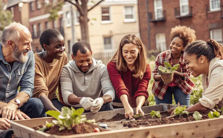 A group of people gardening a raised bed